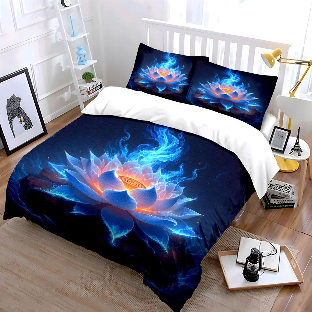 "Glowing Blue Lotus on Wooden Base" Print Bedding Set Duvet Cover Pillowcases (1* Duvet Cover 2* Pillowcases Do Not Include Comforter)