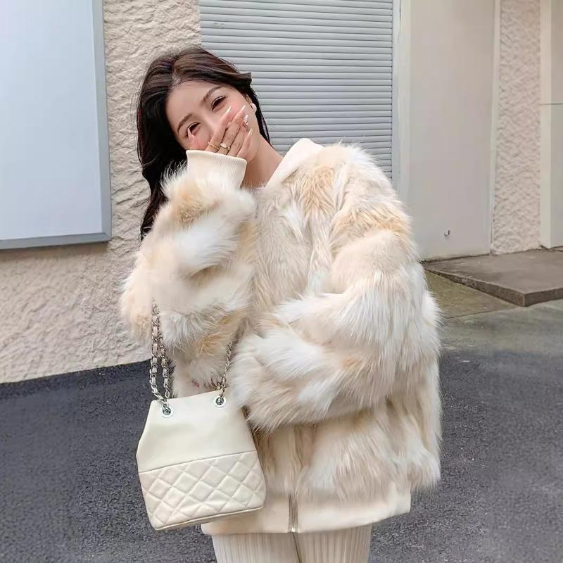 Women's Tricolor Fur Jacket Winter Zipper Fox Hair Loose Top Hooded Threaded Plush Jacket