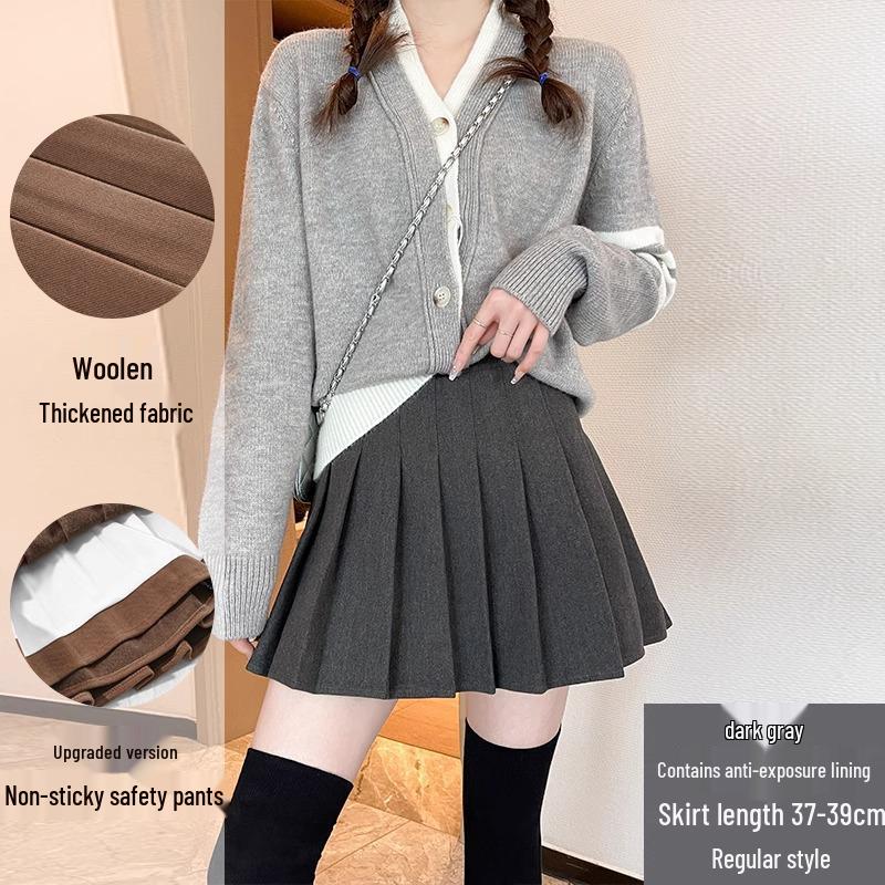 Women's High Waist Dark Gray Wool Plaid Pleated Skirt - Slimming Spring/Autumn 2026 Collection, JK Short Skirt