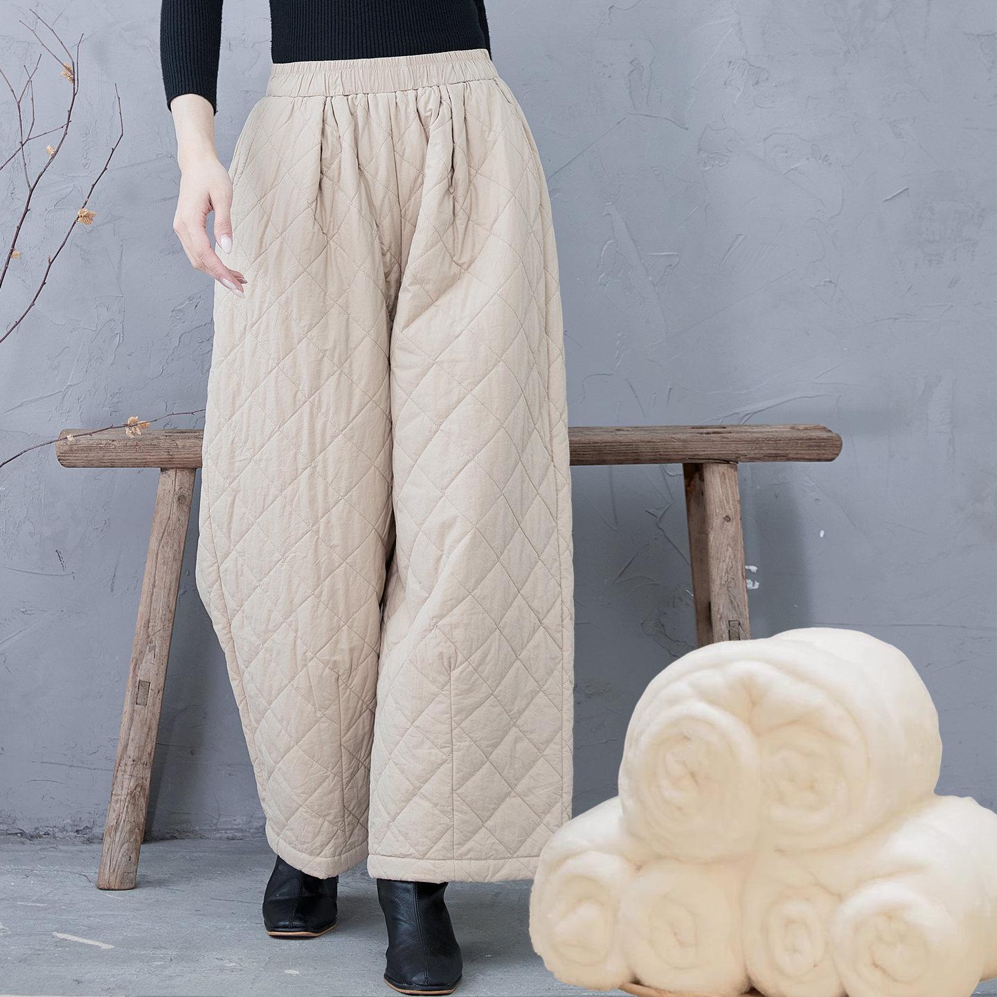 

Xinjiang Quilted Cotton Wide-Leg Carrot Pants for Women - Elastic High Waist, Plus Size, White M легкие хаки