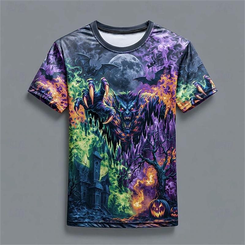 Men's Summer 3D-Printed Round-Neck Short-Sleeve T-Shirt with Tear-Art Pumpkin Scarecrow Beer and Halloween Horror Theme
