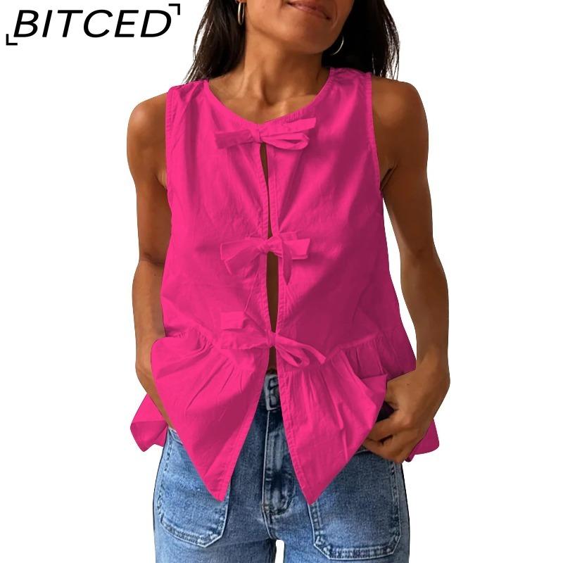 

BITCED Spring/Summer Women s Sleeveless Cardigan Plain Cotton Tie-Front Top Vest L розы красного