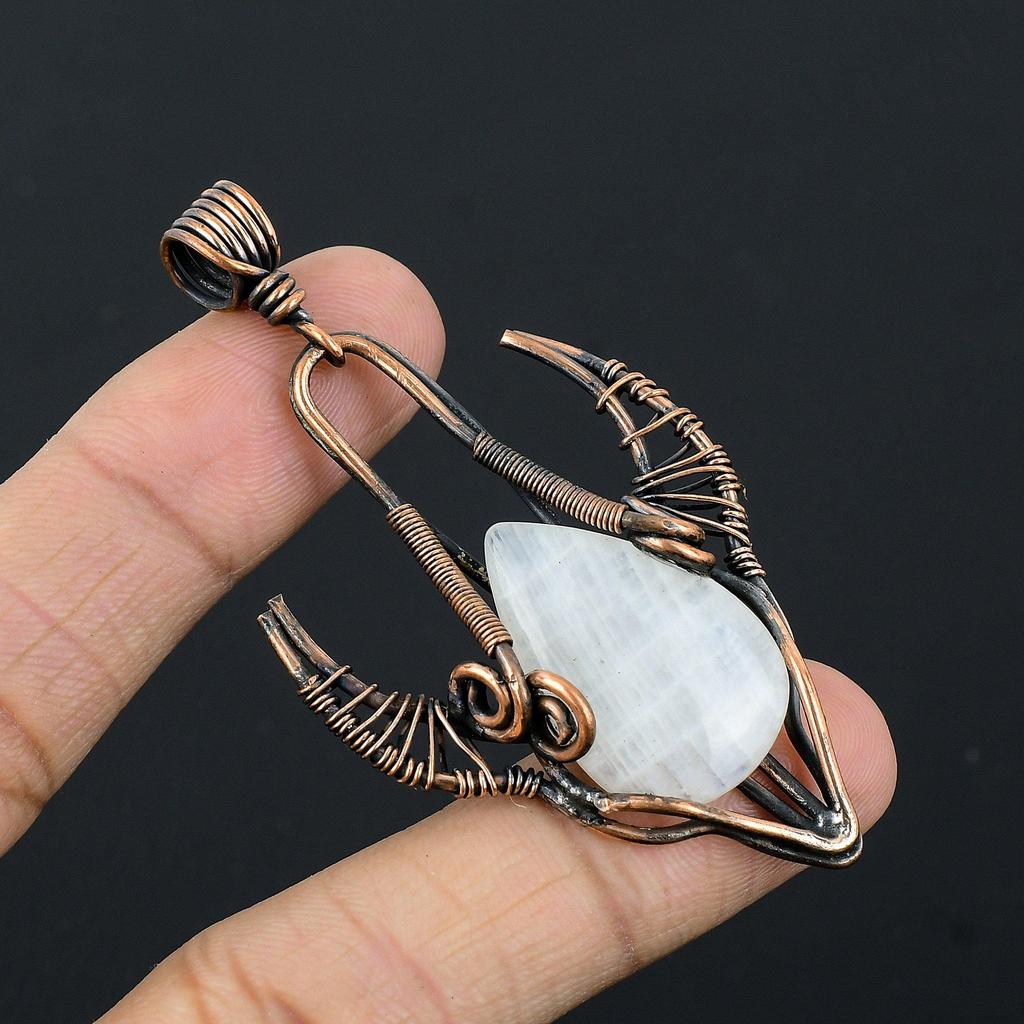 Moonstone 999 Copper Wire Wrapped Pendant, Handmade Gemstone Bull Face Pendant, Gift For Mom Antique Jewelry