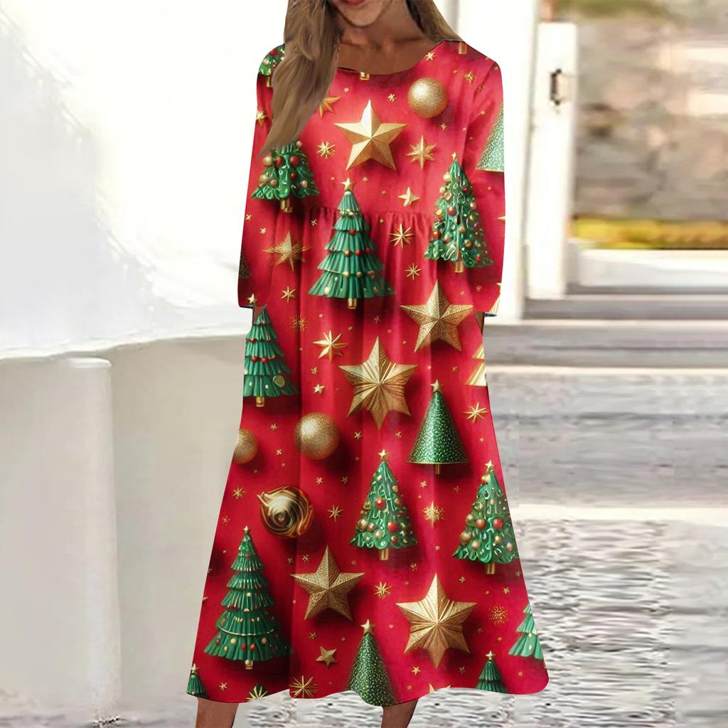 Rochie midi casual de damă cu gât rotund și imprimeu de Crăciun, cu mâneci lungi și buzunare