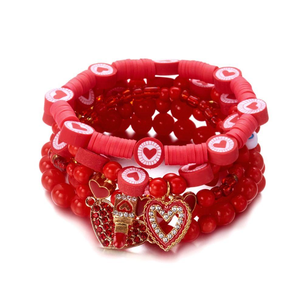 Pulseira Feita à Mão Dia dos Namorados Contas Vermelhas Pingente de Coração Corrente de Mão Casal