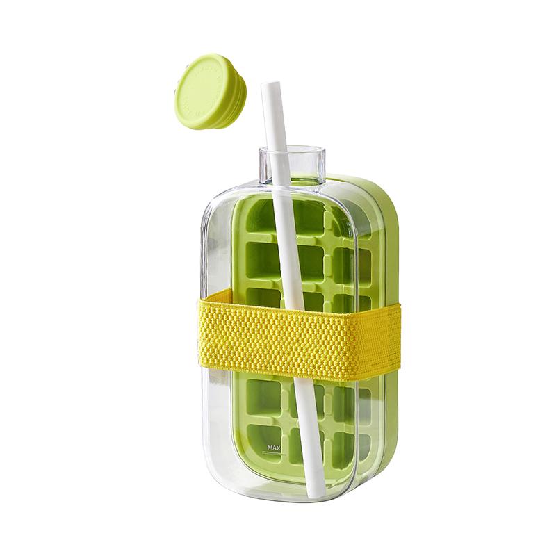 Ice Cube Bottle With Straw, 2-in-1 Touch-Free Ice Cube Tray Water Bottle, Leakproof Silicone Ice Mold For Freezer, Coffee, Juice