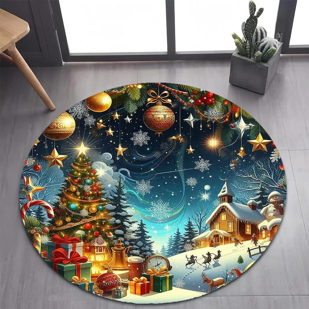 Christmas Night Round Carpet Mat Santa Reindeer Sleigh Pattern Rug Soft Home Decoration for Holiday Party Living Room Decor
