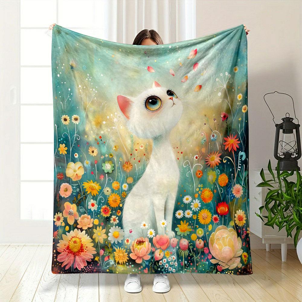 1PC Cartoon Kitten and Flower Illustration Print Warm Comfortable Blanket Home Travel Camping for Adults and Kids Luxury Gifts