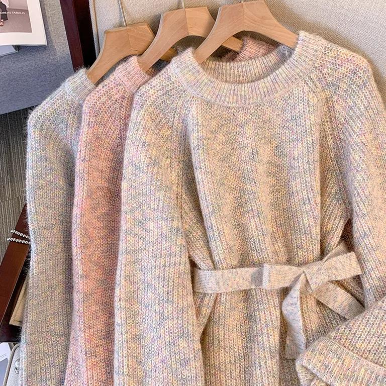 Kobieta Długi Sweter Okrągły Dzianinowy Top Różowy O Dekolt Słodki Sweter Damski Rękaw Odzież Moda Harajuku