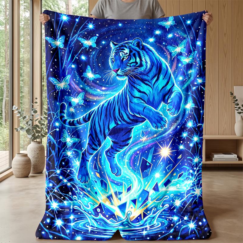 Blue Tiger Fantasy Blanket Personalized Name Flannel Blanket Soft Cozy Plush Throw for Sofa Bed Lightweight Home Decor