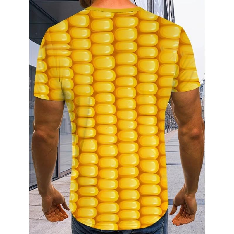 Corn Cob 3D Print T-Shirt – Unisex Yellow Short Sleeve Tee, Realistic Corn Kernels All Over Print, Funny Food Graphic Casual Top
