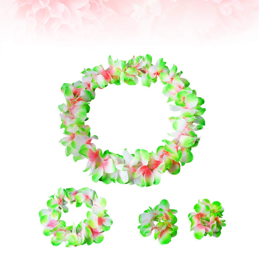 4Pcs Hawaiian Flower Wreath Set Natural Color Floral Garland Headband Necklace Bracelets for Luau Travel Party