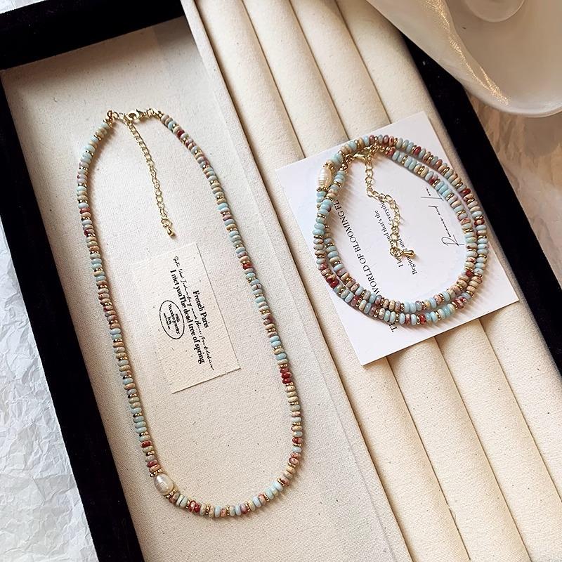 Shoushan Stone Freshwater Pearl Necklace, Snake Skin Stone Abacus Bead Patterned Mosaic Bracelet, Artistic Retro Collar Chain