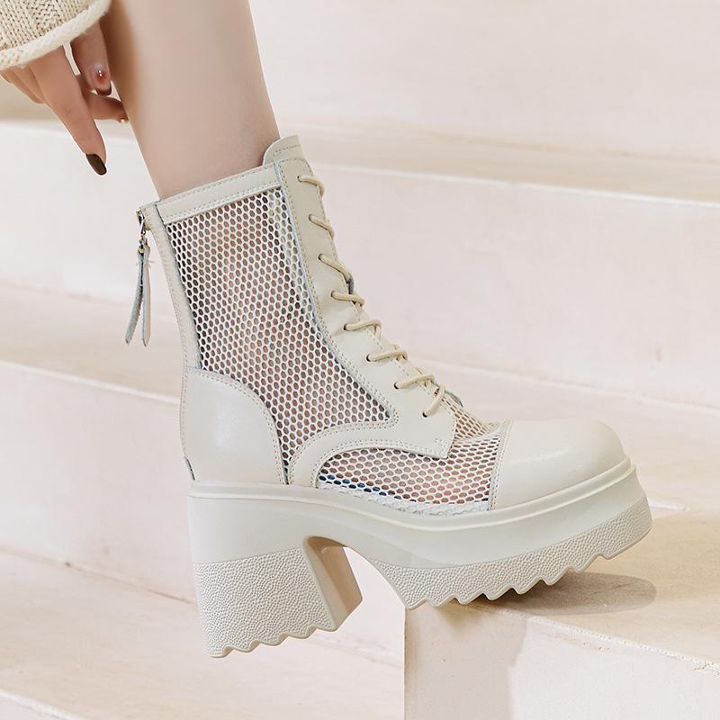 10cm Leather Thick Soled Mesh Boots for Women, New Hollowed Out Martin Boots. Small Stature Makes You Look Taller and Slimmer, Martin Boots