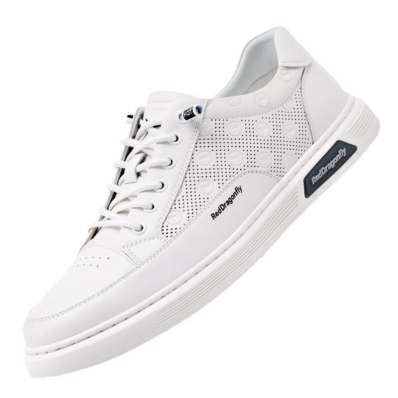 Red Dragonfly Men's Summer White Sports Casual Flat Board Shoes, Breathable and Hollow Design