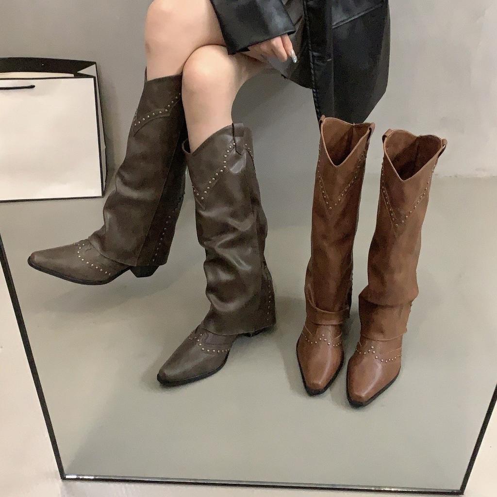 Botas Vintage Marrom V-Mat Botas Martin Moda Botas de Cowboy Ocidental Chelsea Rivetadas Botas para Calça Botas Cigarrete Botas Curtas