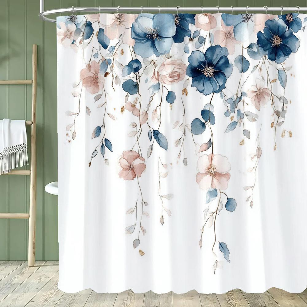 Watercolor Bohemian Floral Shower Curtain, Blue Floral, Waterproof Bathroom Curtain, Decorative Fabric Home Curtain With Hooks