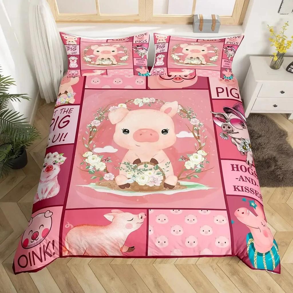 Cute Pig sunflowers Florals Pink Grid Lattice Plaid Comfortable Duvet Quilt Cover Pillowcase Bedding Set Bedroom Home Textile