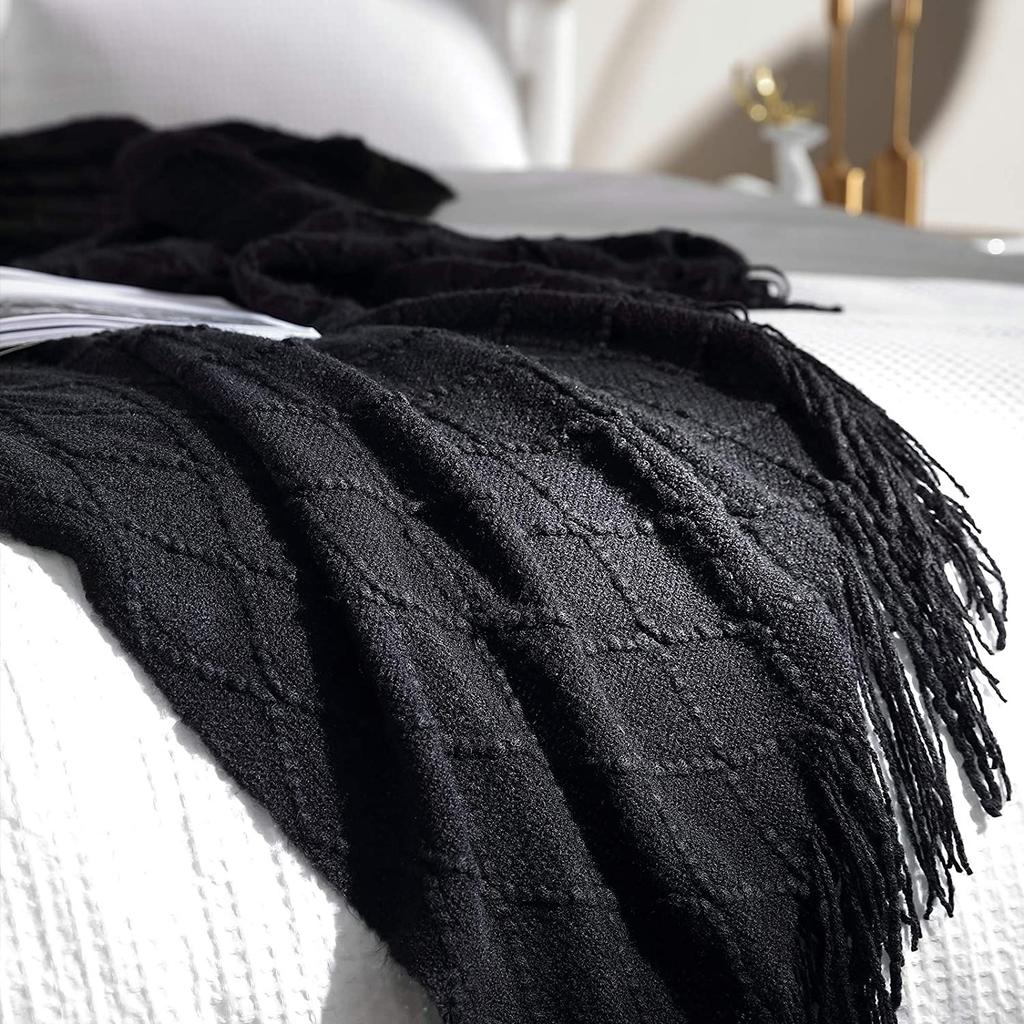 Gift Knitted Throw Blankets For Couch And Bed, Soft Cozy Knit Blanket With Tassel, Black Lightweight Decorative Blankets Throws