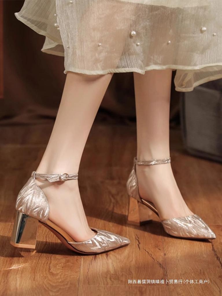 Champagne pointed thick heel single shoes female 2025 new fairy style temperament fashion with skirt hollow high heels