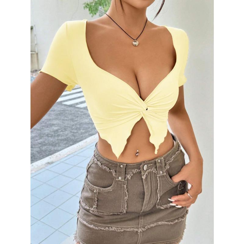 Women Sexy Twist Ruched Deep V Neck Short Sleeve Cropped Top
