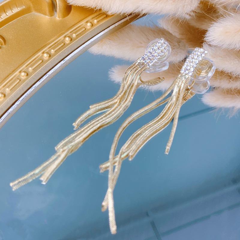 Elegant Zirconia Tassel Ear Clip Earrings - European  American Style