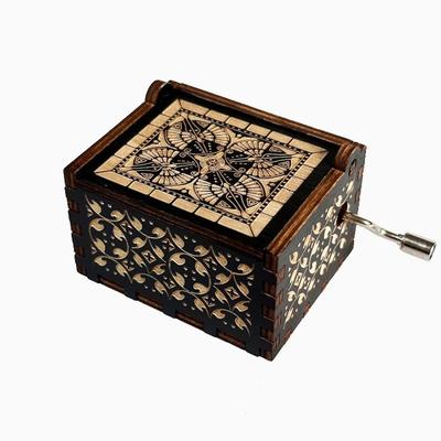 Vintage Hand-Cranked Wood Music Box, Intricate Carvings, Mechanical Operation, with No Electricity Needed, for New Year and Birthday Gifts