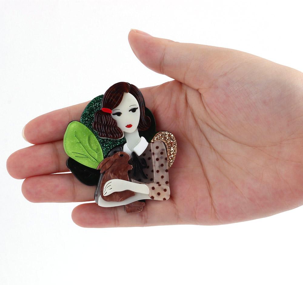 New Fashion Creative Fairy Girl Holding Rabbit Acrylic Brooches For Women Cartoon Cute Badge Brooch Pins Party Jewelry Gift