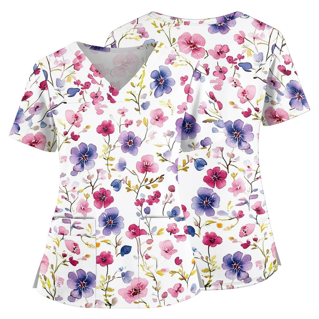Floral Print V Neck Medical Scrub Top with Pockets Side Slits Short Sleeve Nurse Uniform Shirt for Women Comfortable Fit