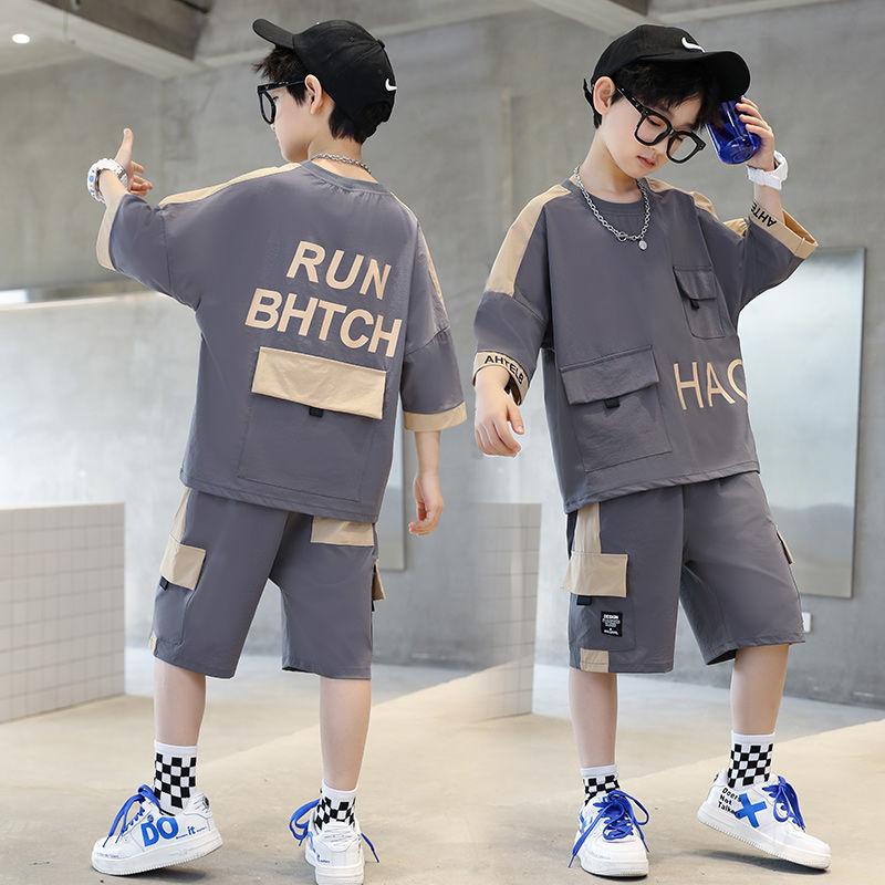 

Boy Summer Letter Print Set Teenage Short Sleeve Top + Shorts 2 Pieces Suit 110 хакі