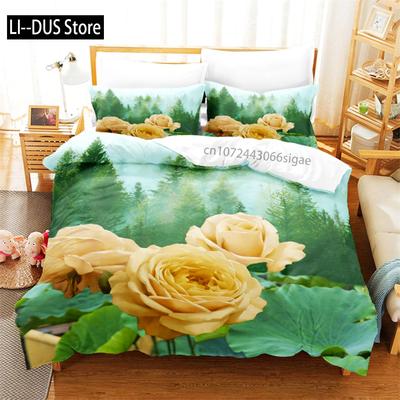 Juego de Ropa de Cama Flores y Bosques Juego de Funda Nórdica Juego de Cama 3D Impresión Digital Juego de Cama Tamaño Queen Diseño de Moda