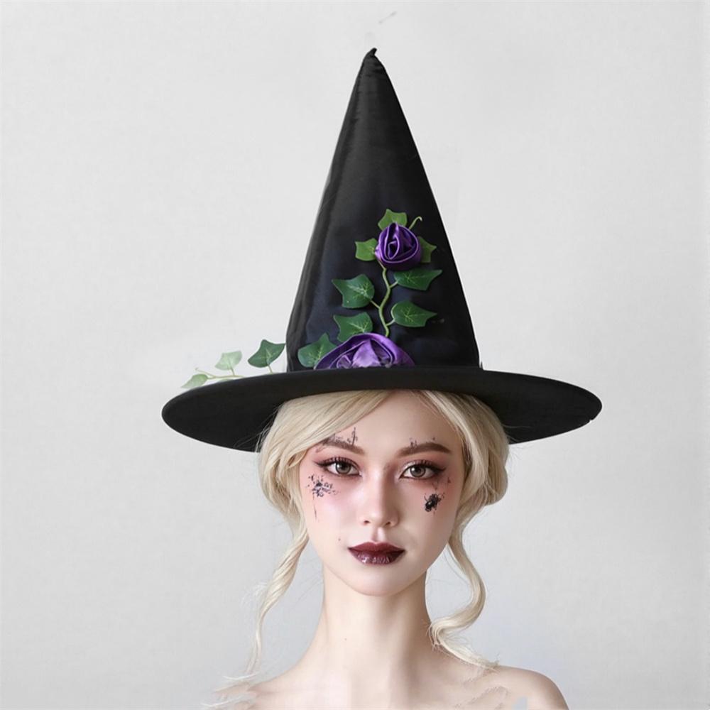 Halloween Witch Hat with Flowers Party Wizard Hats Decoration Props for Adults Children Cosplay Witch Net Gauze Headwear Costume