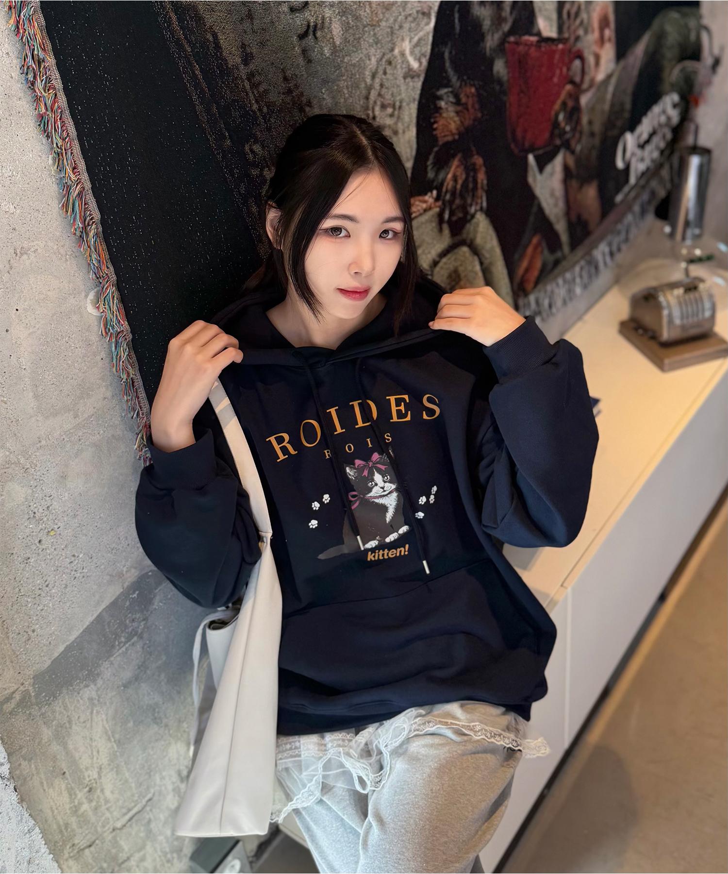 Road Road Kitten Cat Print Hoodie (Navy) Kimo M