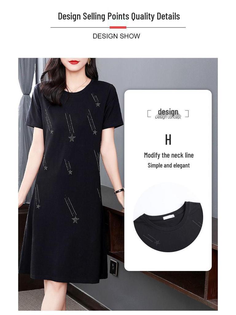 Women's Summer 2026 Plus Size Slimming A-line Black Dress - Mid-Length, Short Sleeve, Casual T-Shirt Style