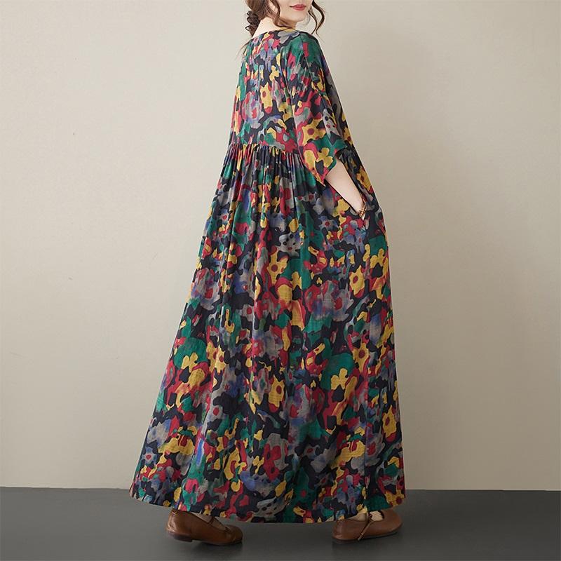 Kurzarm Plus-Size-Baumwolle im Vintage-Stil mit Blumenmuster, neu in Kleidern für Damen, lässiges, lockeres, langes Sommerkleid