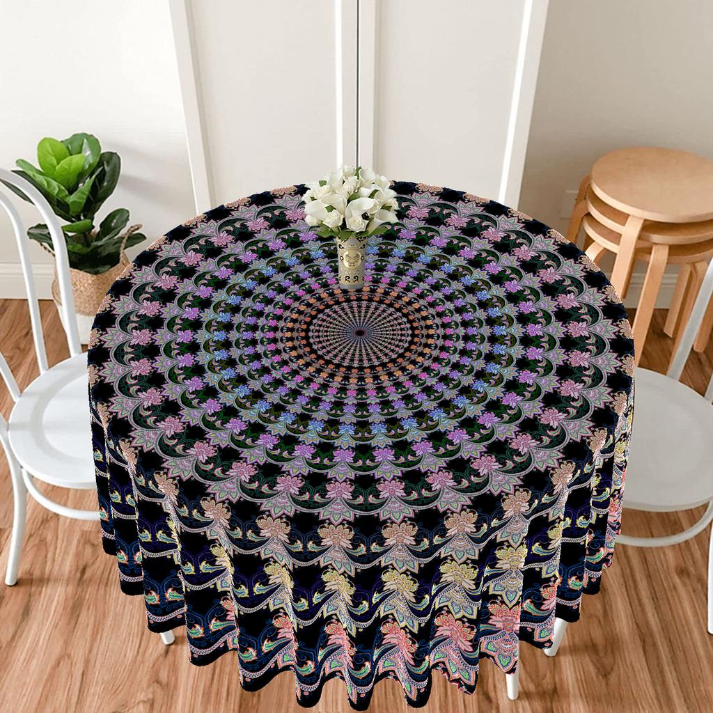 1 Piece Circular Tablecloth With Green Red Flower Waterproof Colorful Terrace Table Cover Multi-Purpose 63 Inch Totem Tablecloth