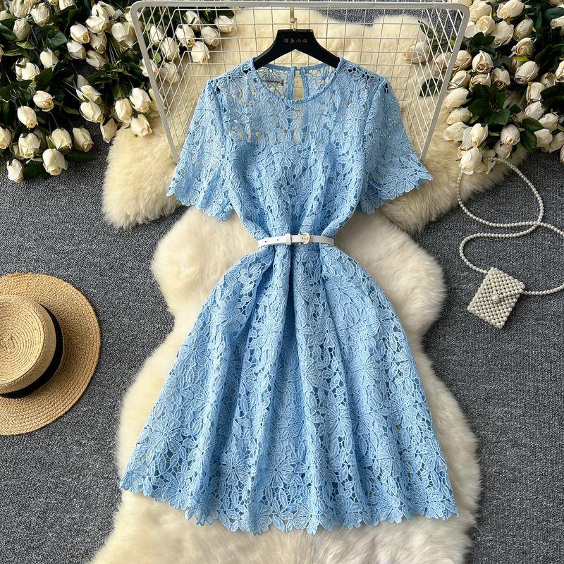 

Lace Crochet Dress Women s Summer Dress New Arrival French Retro Crew Neck Short Sleeve Waist-Controlled Slim Looking A- line Socialite Dress Blue M