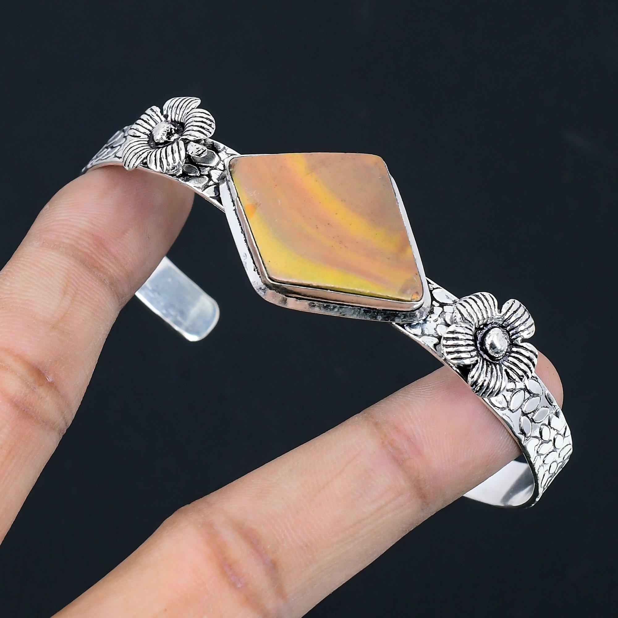 

Halloween Sale Marquise Landscape Jasper Stone Sterling Silver Flower New Bangle Adjustable