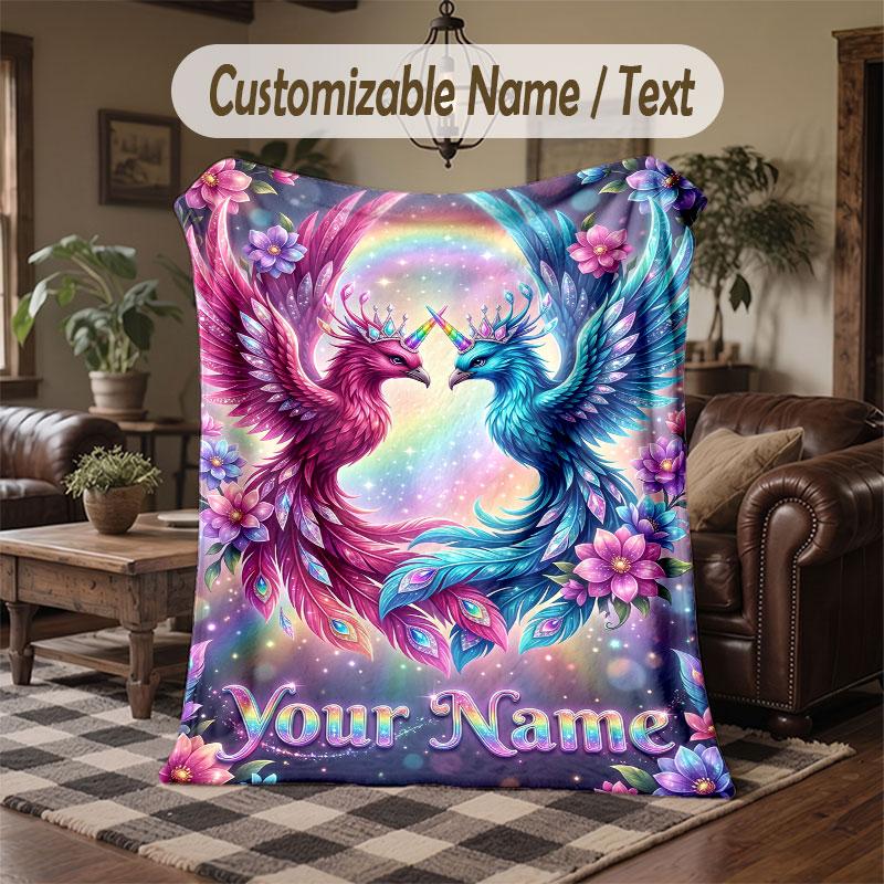 Birds Theme Throw Blanket Custom Name Text Personalized Blanket Soft Cozy Blanket for Home Sofa Bed