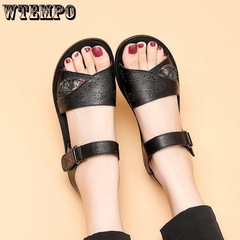 Damensandalen aus Leder mit weicher Sohle, Mama-Schuhe, Sommermode, bequeme Schuhe, flache, rutschfeste Sandalen mit dicker Sohle, mittleres Alter, PU-Material