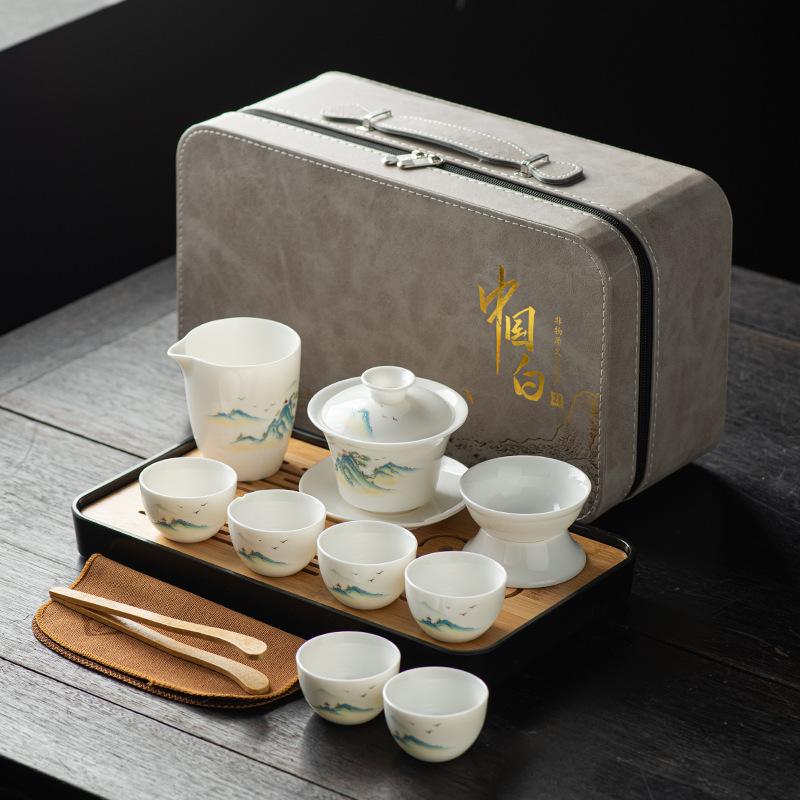 Suet jade tea set, white porcelain travel kung fu tea set, tea tray set, cover bowl teacup