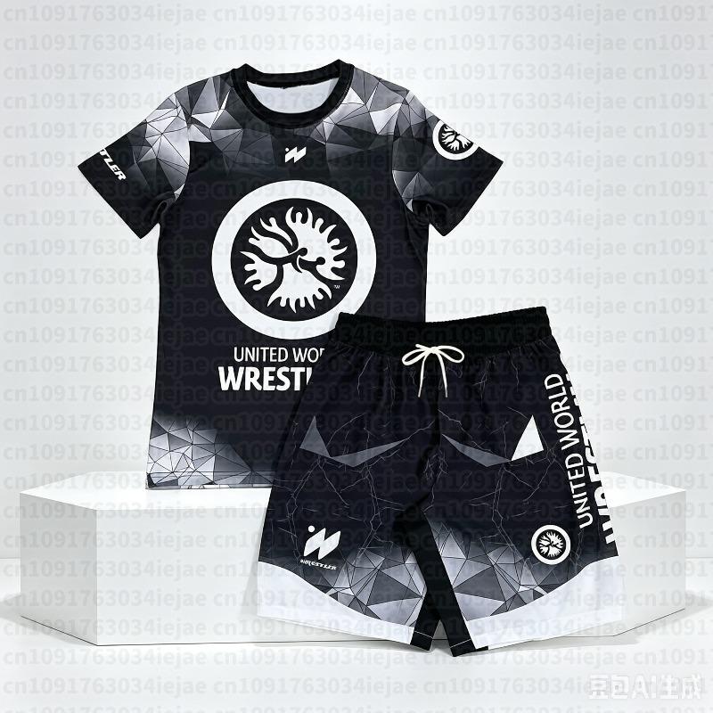 2026 Neues United World Wrestling Sportset für Herren Schwarz Weiß Grafisches Rash Guard & Shorts Schnelltrocknender MMA Trainingskampfanzug