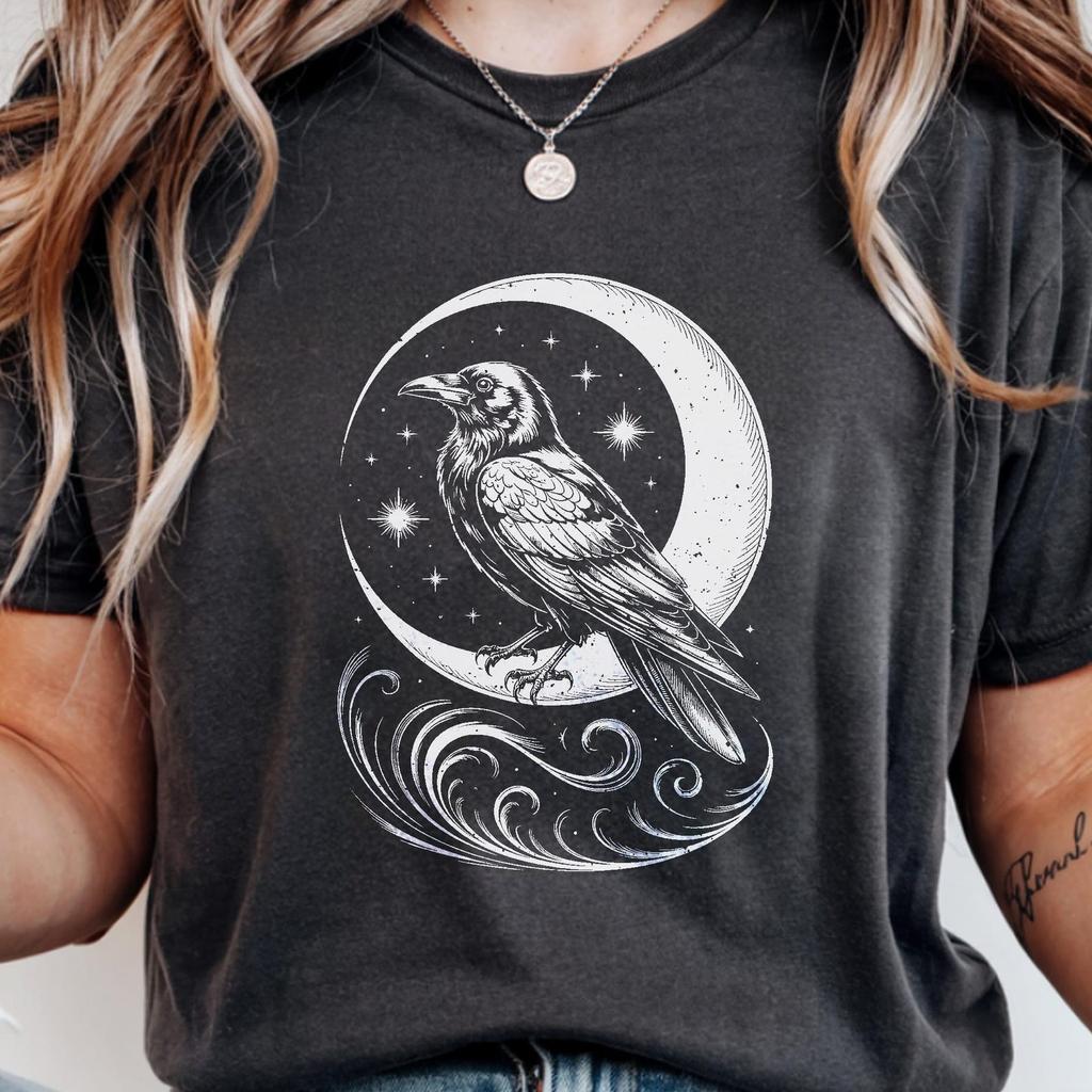 Mystical Raven Moon T-Shirt Cozy Goth Witchy Celestial Gothic Bird Shirt Dark Academia Crow Lover Gift Witchcore Clothing