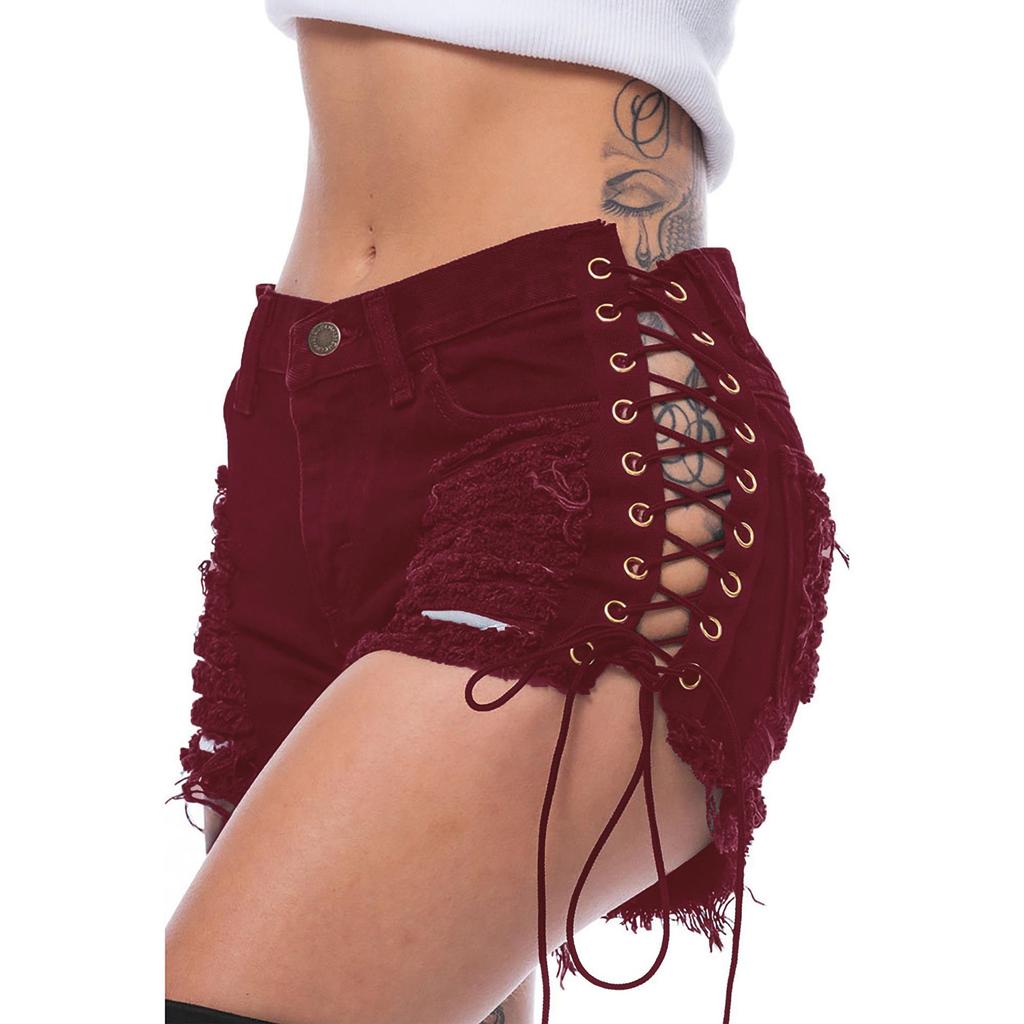 Spring/Summer Elastic Ripped Eyelet Bandage Denim Hot Pants Shorts for Women