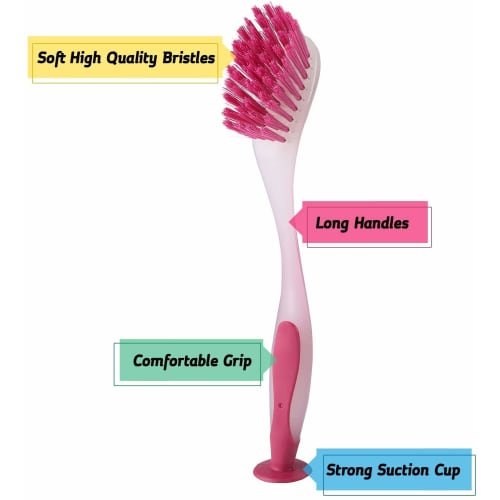 Klickpick Home Dish Scrubber Brushes, Assorted Colors, Soft Long Handle Scrub Brush with Suction Cup, Multi-Purpose Cleaning Scrub Brush, Set of 3, Re