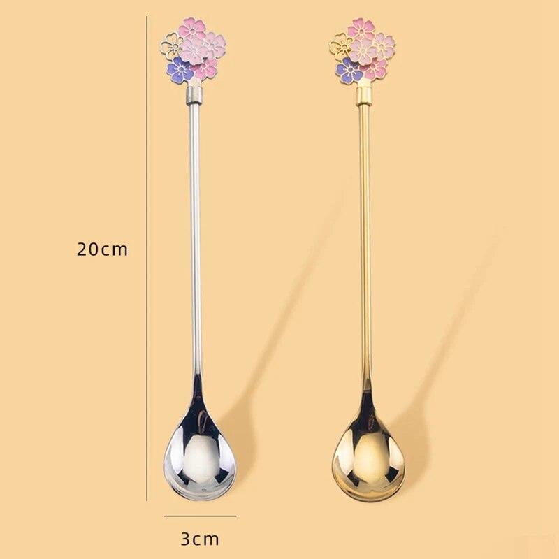 Mixing Spoon 304 Stainless Steel Spoon Home Dessert Spoon Drift Cherry Blossom Spoon Long Handle Spoon