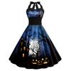 Fashion off-Neck Silm Halter Lace-up Back Elastic High Waist Halloween Pumpkin Bat Print Dress Female