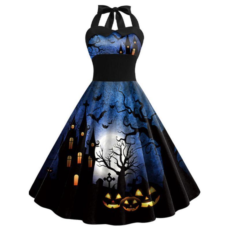 Fashion off-Neck Silm Halter Lace-up Back Elastic High Waist Halloween Pumpkin Bat Print Dress Female