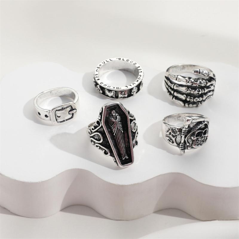 1 Set Gothic Skull Rings Set for Women Men Antique Silver Metal Skeleton Skull Belt Buckle Finger Ring Punk Jewelry