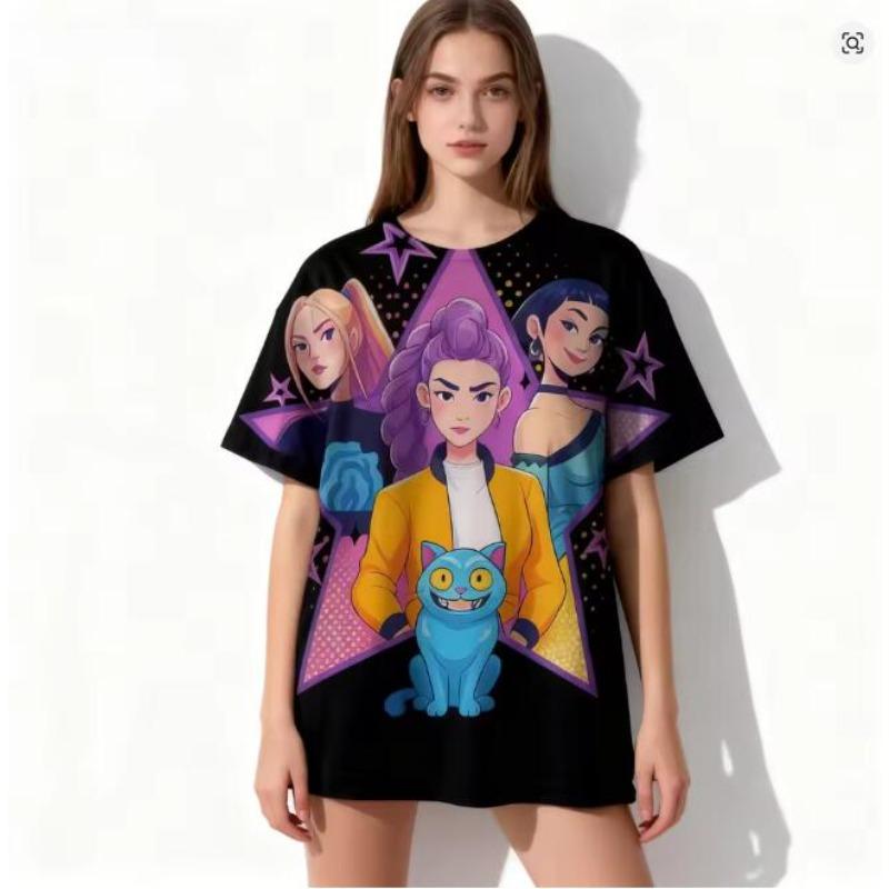 Women's Summer KPop Demon Hunters Graphic Tee Stylish Streetwear T-Shirt with Rum Mira Zoey Character Prints Trendy Casual